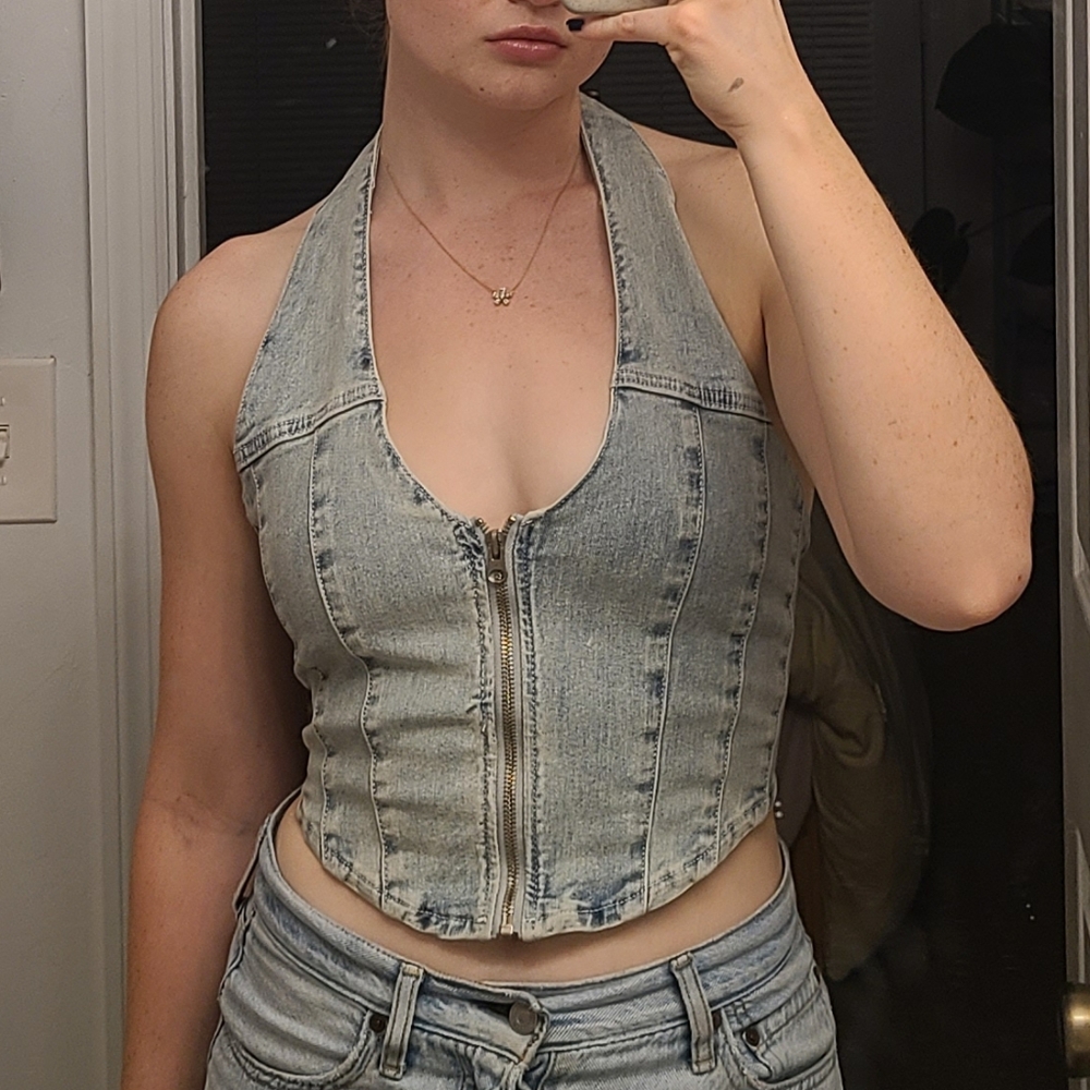 Zip Front Denim Halter
